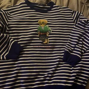 Striped Navy and White Sweater with Bear Design Ralph Lauren Polo Big Bear